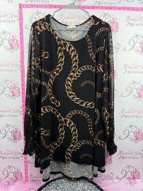 Laura blouse sheer detail sleeve Black Long-Sleeve Tunic with Gold Chain Print